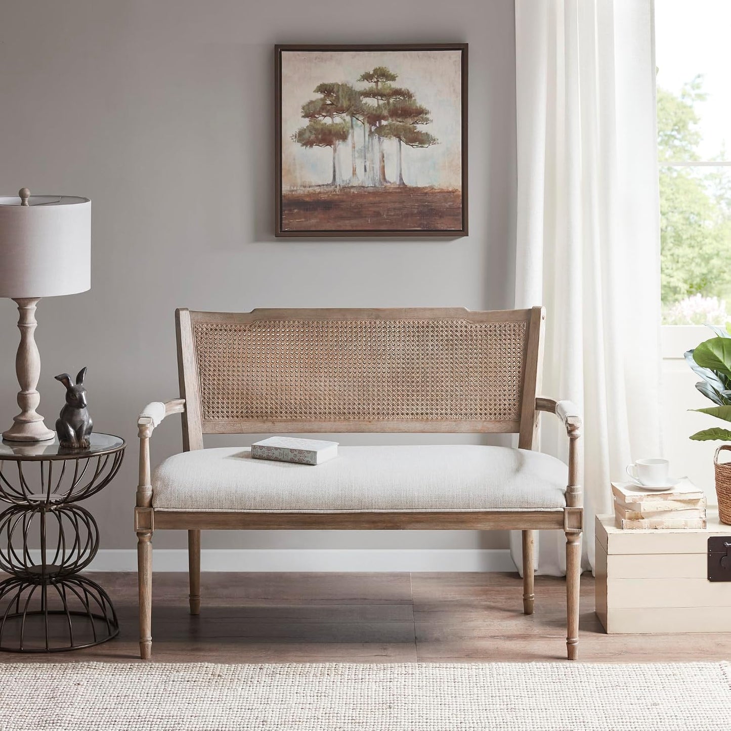 Willshire Natural Rattan Settee, Upholstered Seat - Charming Country Design, Rustic Reclaimed Wood Finish, Ratan Insert Backrest & Padded Arm Rest, 47.25" Wide Beige/Reclaimed Natural