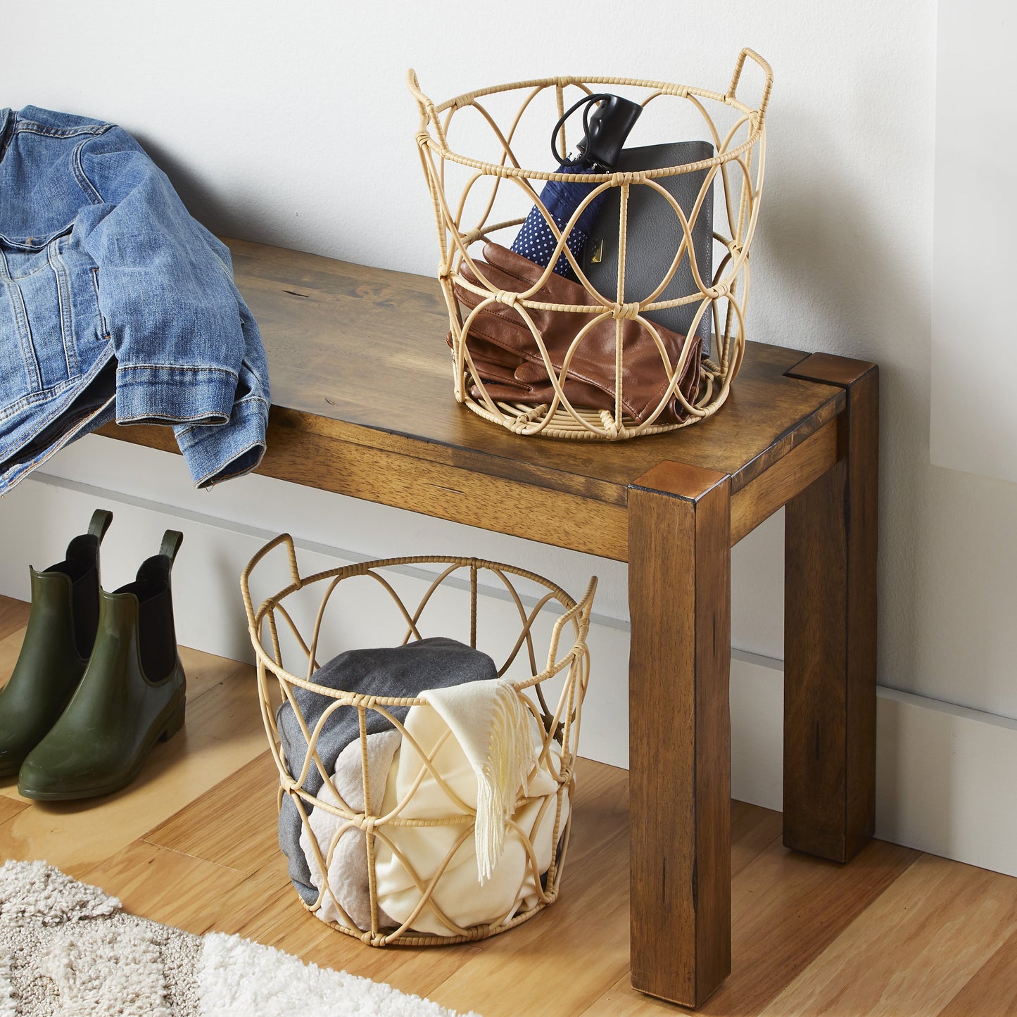Poly Rattan Storage Basket Set with Handles, 2-Piece