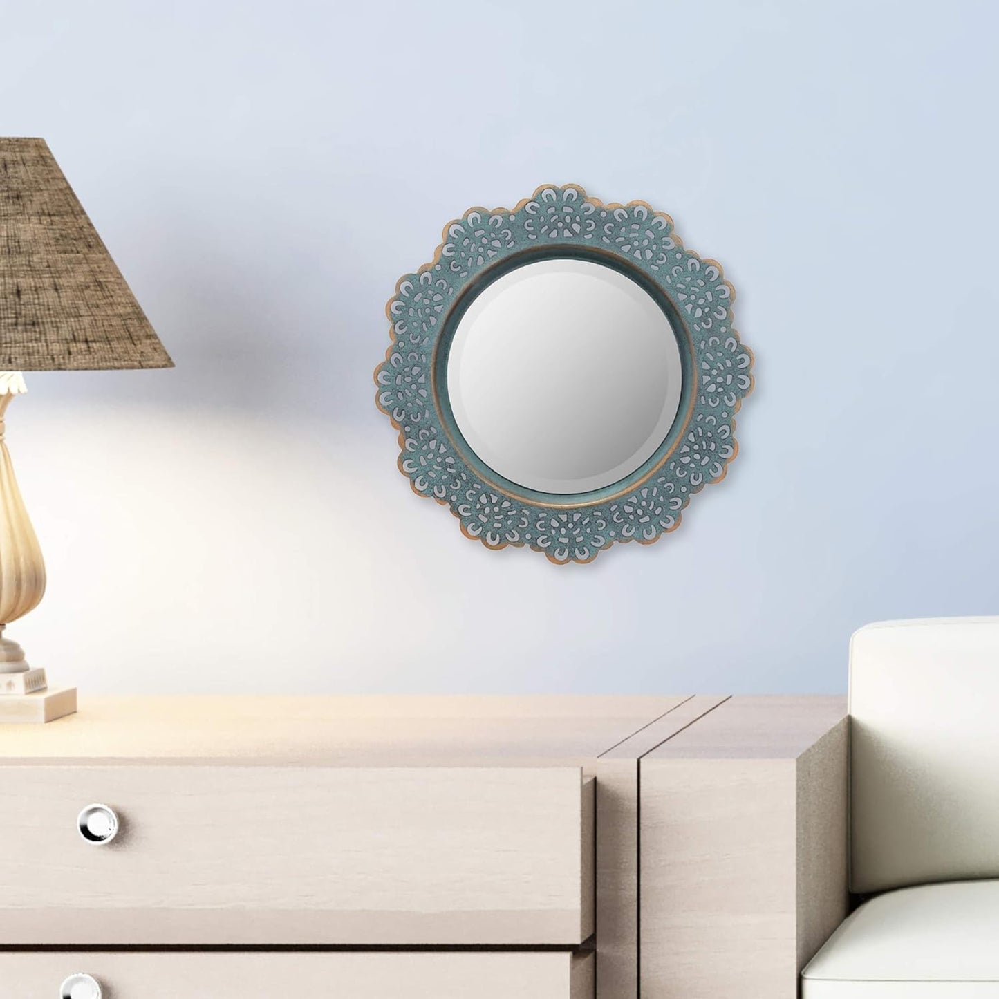 Decorative 12.5" round Turquoise Metal Lace Wall Mirror with Attached Hanger, Country Rustic Decor for the Living Room, Bedroom, Bathroom, Hallway, and Entryway