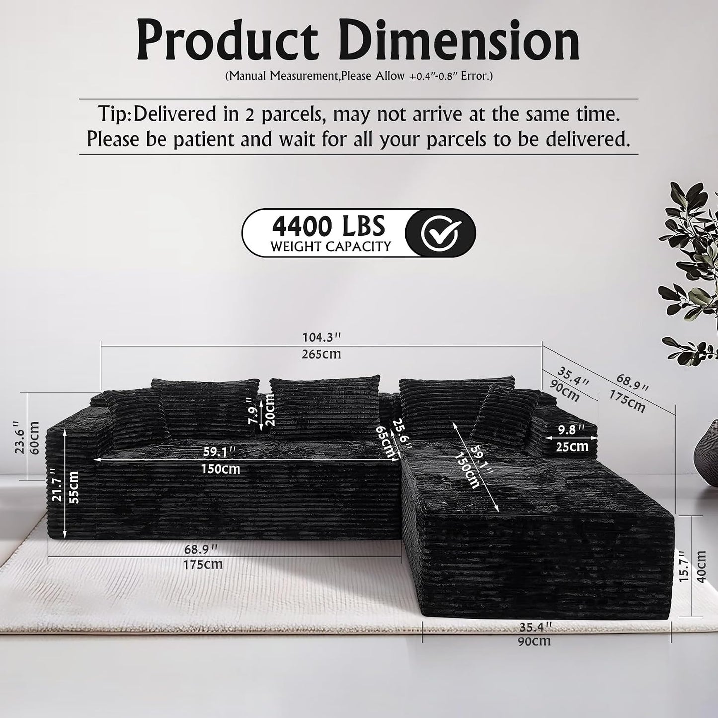 Corduroy Boneless Couch for Living Room, 104" Cloud Sectional Couch with L-Shape Chaise, Modern Modular Sofa, Deep Seat Comfort, No Assembly Required