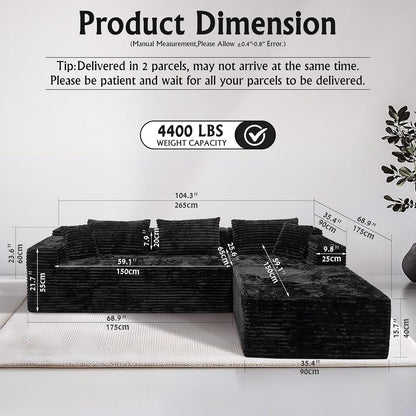 Corduroy Boneless Couch for Living Room, 104" Cloud Sectional Couch with L-Shape Chaise, Modern Modular Sofa, Deep Seat Comfort, No Assembly Required