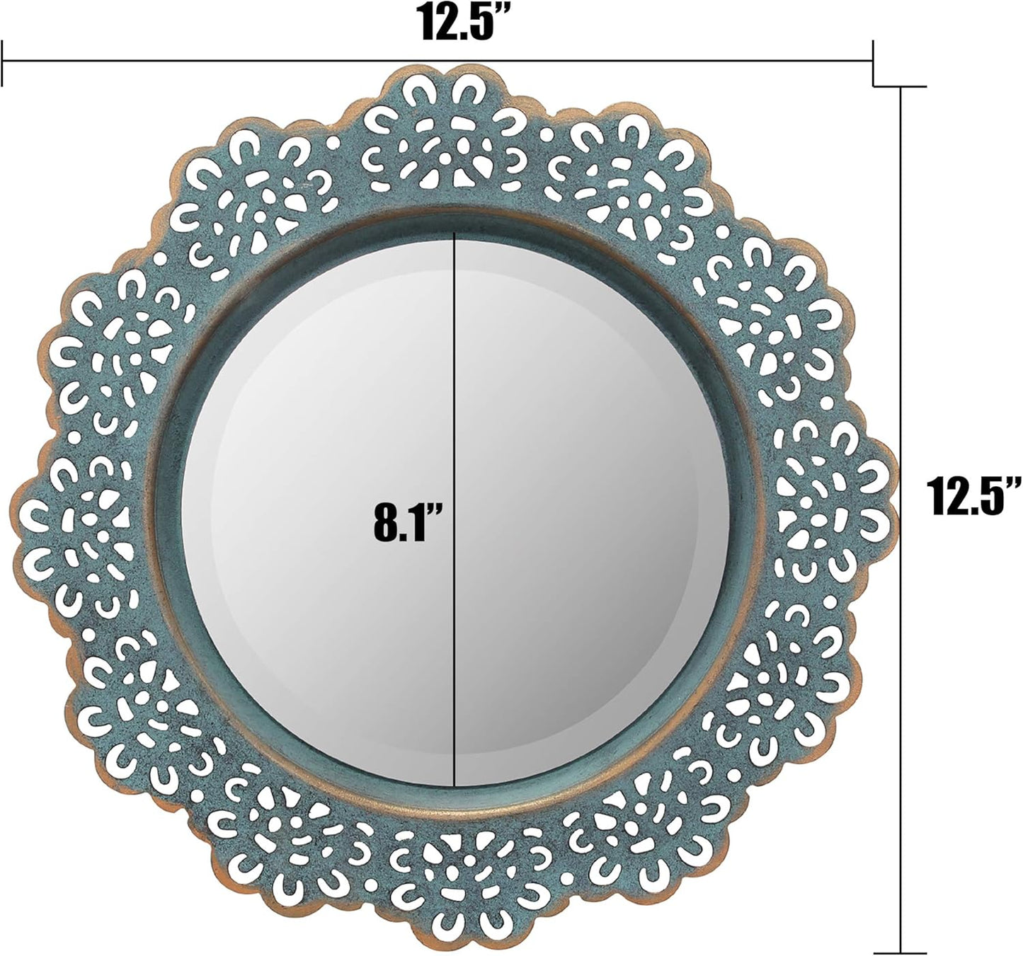 Decorative 12.5" round Turquoise Metal Lace Wall Mirror with Attached Hanger, Country Rustic Decor for the Living Room, Bedroom, Bathroom, Hallway, and Entryway