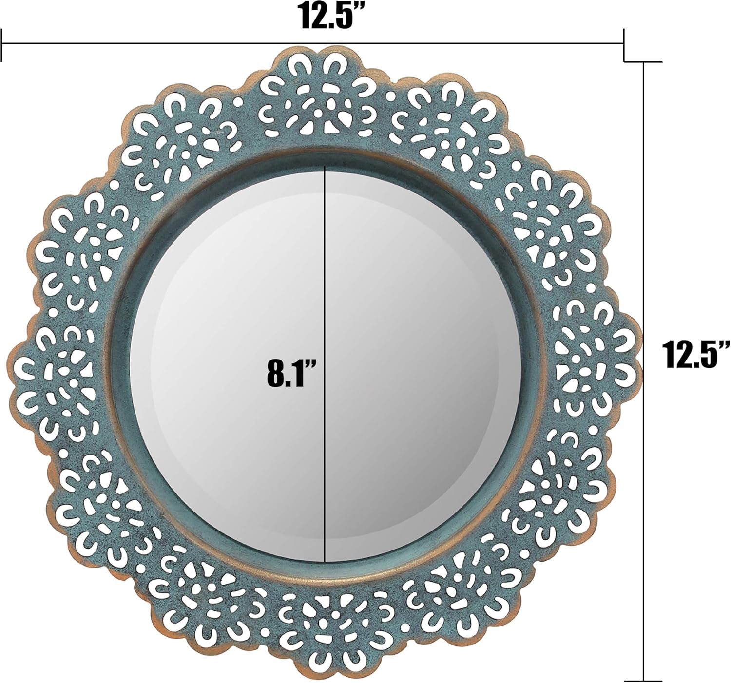 Decorative 12.5" round Turquoise Metal Lace Wall Mirror with Attached Hanger, Country Rustic Decor for the Living Room, Bedroom, Bathroom, Hallway, and Entryway