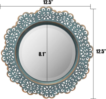 Decorative 12.5" round Turquoise Metal Lace Wall Mirror with Attached Hanger, Country Rustic Decor for the Living Room, Bedroom, Bathroom, Hallway, and Entryway