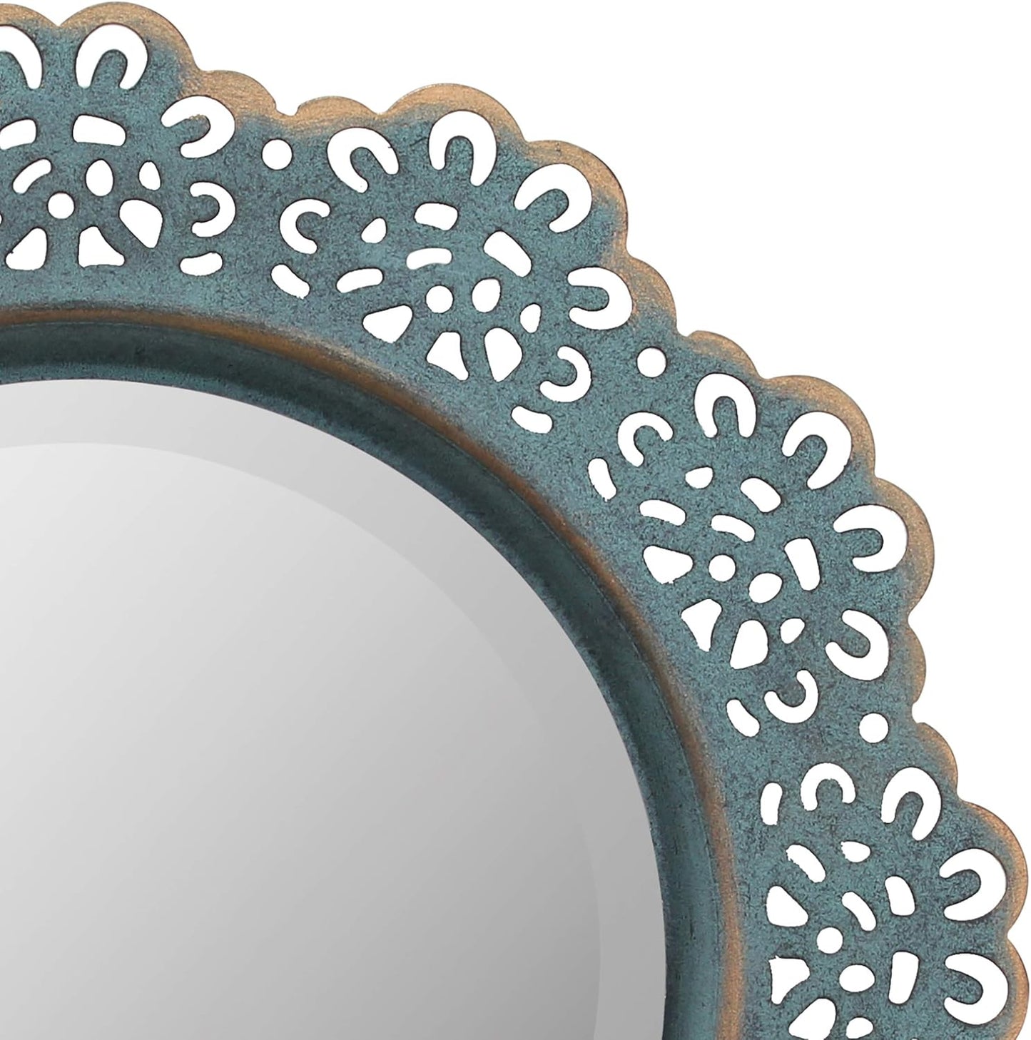 Decorative 12.5" round Turquoise Metal Lace Wall Mirror with Attached Hanger, Country Rustic Decor for the Living Room, Bedroom, Bathroom, Hallway, and Entryway