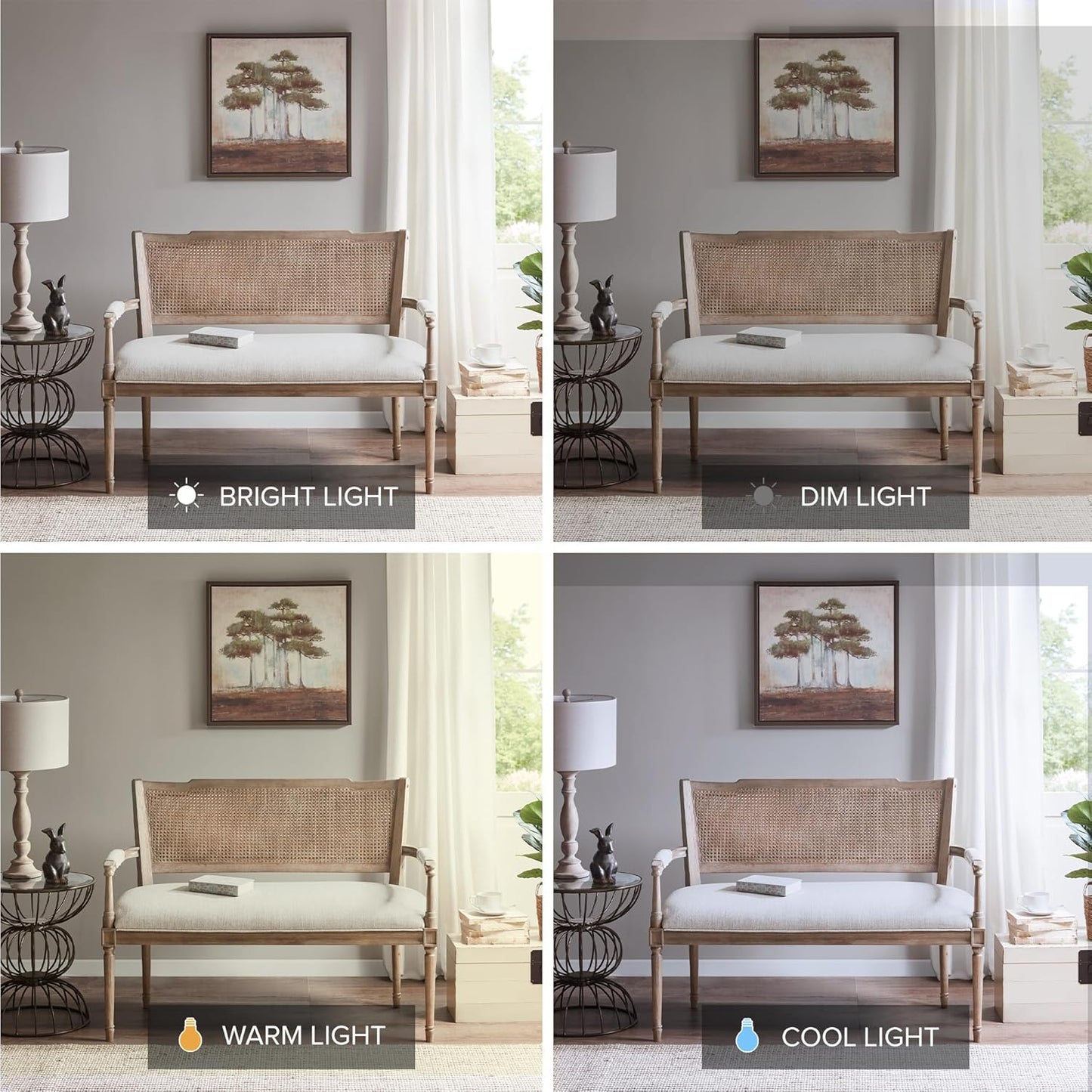 Willshire Natural Rattan Settee, Upholstered Seat - Charming Country Design, Rustic Reclaimed Wood Finish, Ratan Insert Backrest & Padded Arm Rest, 47.25" Wide Beige/Reclaimed Natural