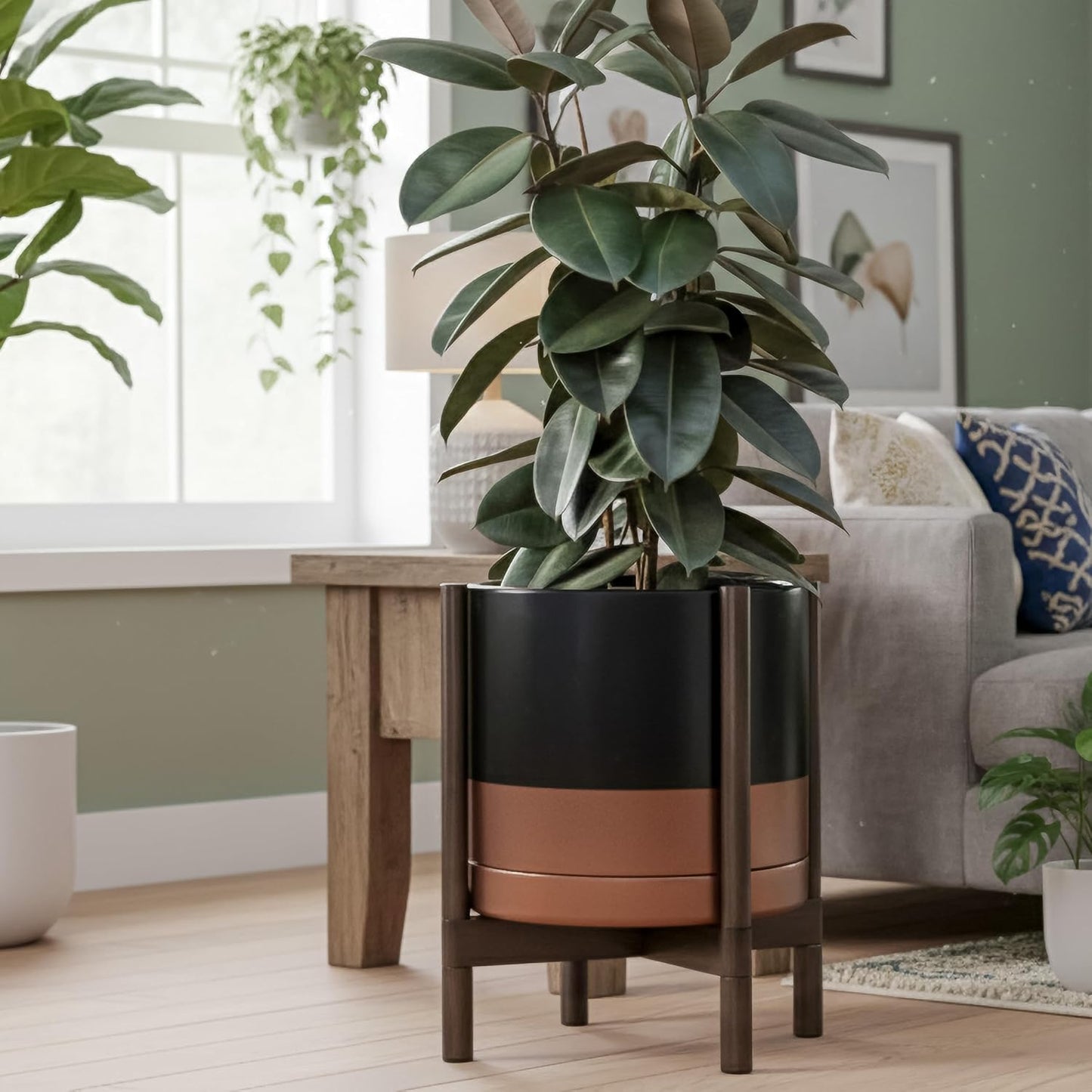 Ceramic Pot with Walnut Wood Stand, Black/Tan, 14 In, 55-B-T-7