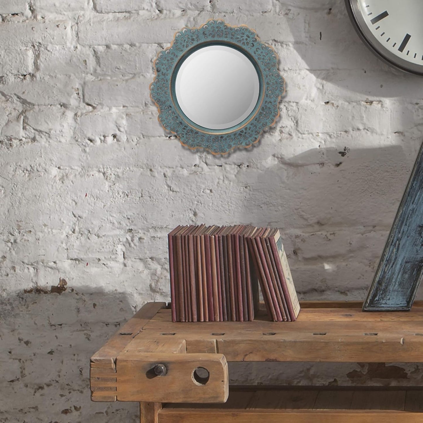 Decorative 12.5" round Turquoise Metal Lace Wall Mirror with Attached Hanger, Country Rustic Decor for the Living Room, Bedroom, Bathroom, Hallway, and Entryway
