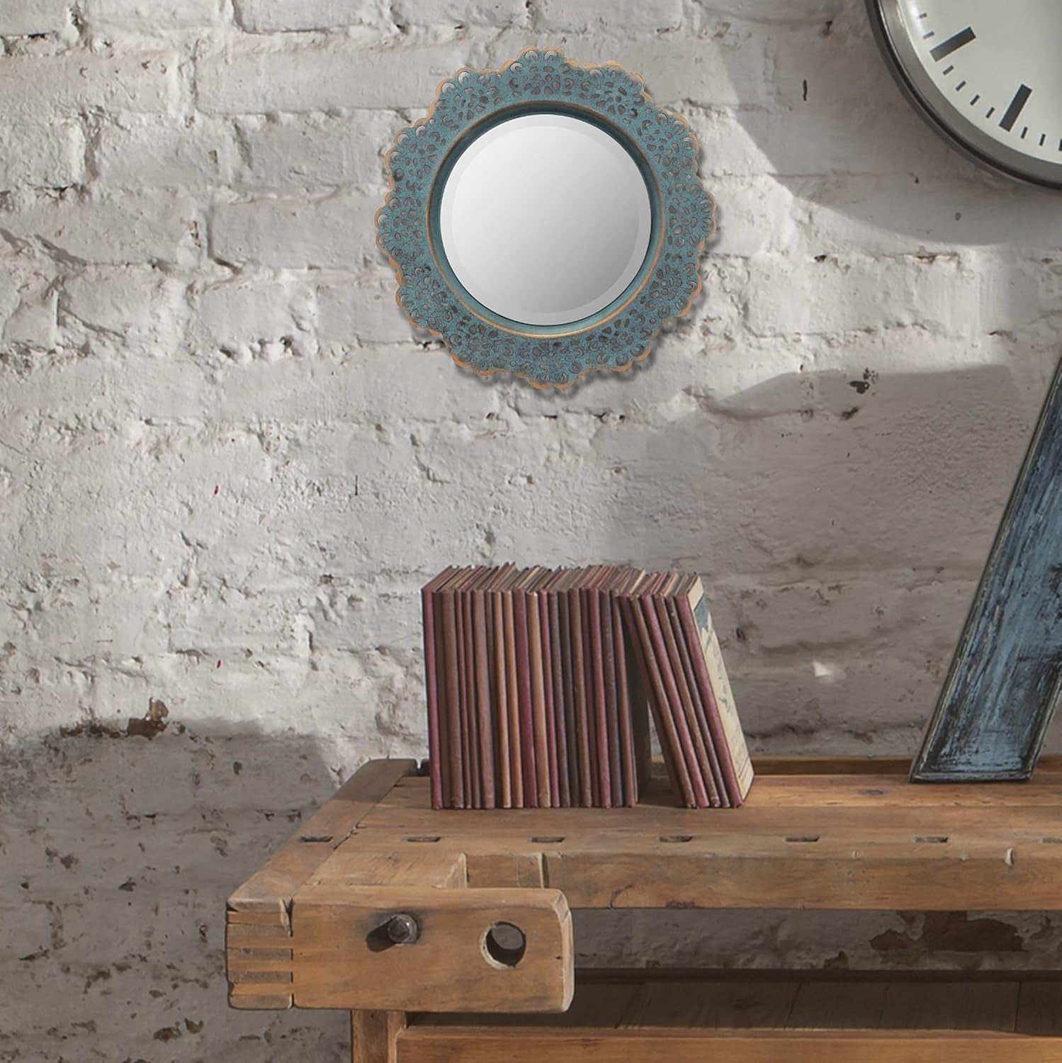 Decorative 12.5" round Turquoise Metal Lace Wall Mirror with Attached Hanger, Country Rustic Decor for the Living Room, Bedroom, Bathroom, Hallway, and Entryway