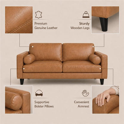 Marisa Genuine Leather Mid-Century Modern Loveseat, Tan