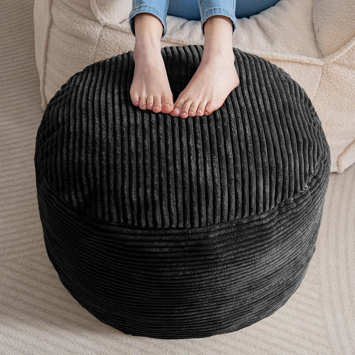 round Stuffed Pouf Ottoman, Corduroy Poufs with Foam Chunk Filling, Furry and Fluffy Pouf Foot Stool Storage Ottoman, 20 X 15 Floor Poufs Foot Rest for Living Room, Black