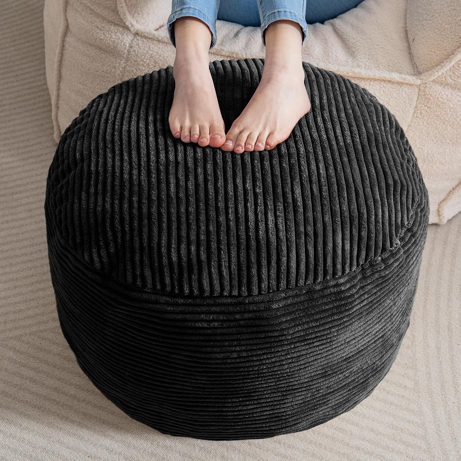 round Stuffed Pouf Ottoman, Corduroy Poufs with Foam Chunk Filling, Furry and Fluffy Pouf Foot Stool Storage Ottoman, 20 X 15 Floor Poufs Foot Rest for Living Room, Black