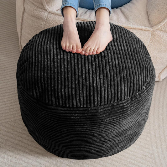 round Stuffed Pouf Ottoman, Corduroy Poufs with Foam Chunk Filling, Furry and Fluffy Pouf Foot Stool Storage Ottoman, 20 X 15 Floor Poufs Foot Rest for Living Room, Black