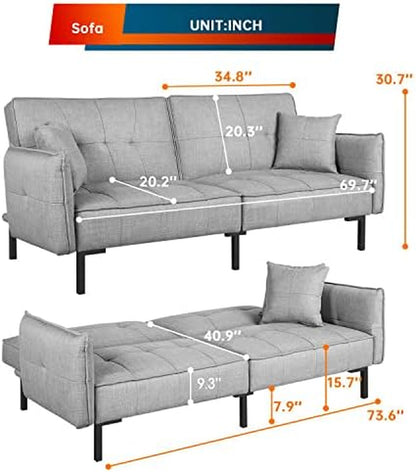 Futon Sofa Bed Couch Bed Sleeper Sofa Modern Folding Sofa Small Sofa Convertible Sofa for Living Room Apartment, Dorm, Bonus Room Furniture，Grey