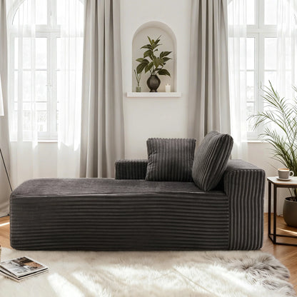 Indoor Chaise Lounge Chair with Armrest, Modern Upholstered Boneless Sofa with Soft Pillows and Deep Seat, for Bedroom,Gray with Left Armrest