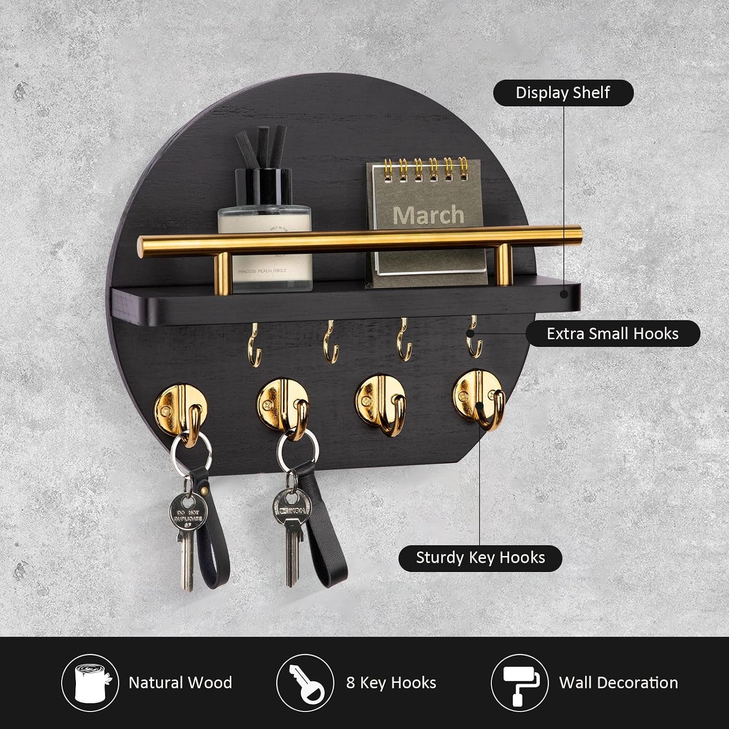 Key Holder for Wall, 9.8 Inch round Wall Decor, Black