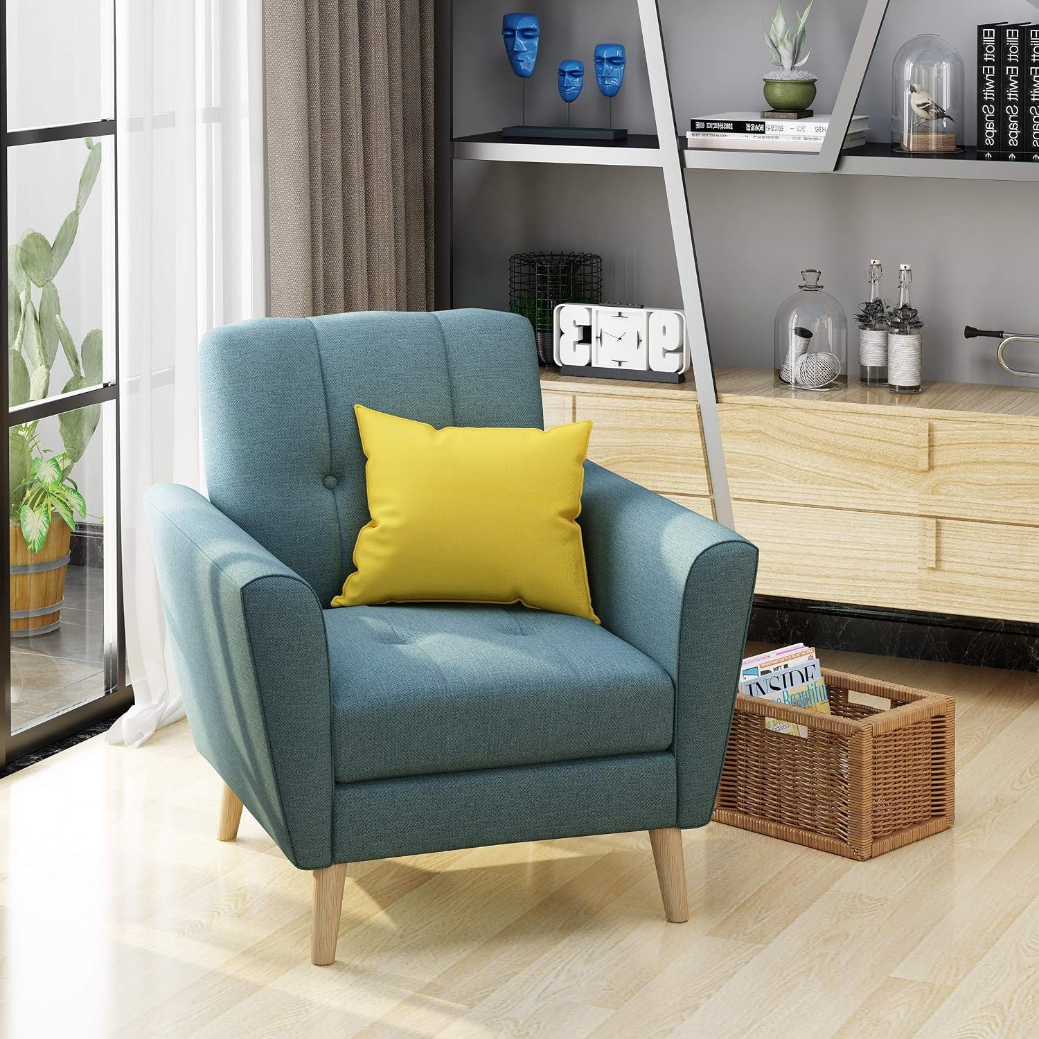 Treston Mid-Century Modern Fabric Club Chair, Blue / Natural