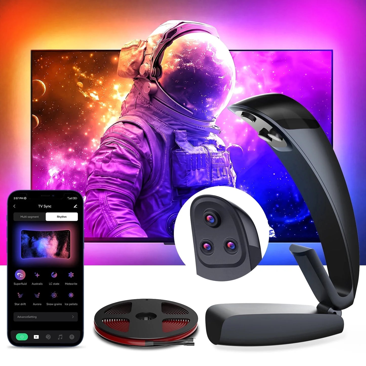 Screen sync LED backlight strip kit with sensor camera, remote and app control for TV