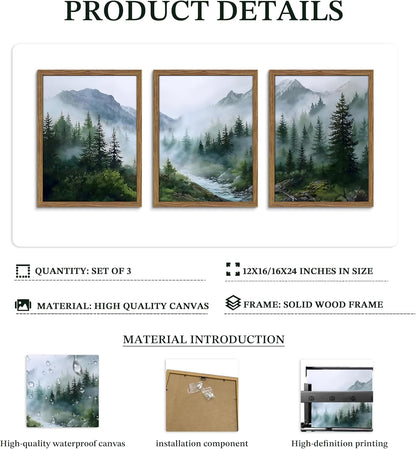 Framed Forest Wall Art Set of 3, Misty Mountain Landscape Canvas Wall Decor Paintings, Nature Tree River Scenery Artwork Prints Pictures for Living Room Bedroom Office 12X16 Inch