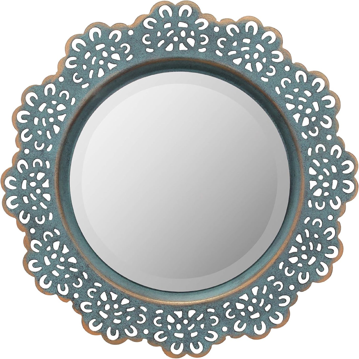 Decorative 12.5" round Turquoise Metal Lace Wall Mirror with Attached Hanger, Country Rustic Decor for the Living Room, Bedroom, Bathroom, Hallway, and Entryway