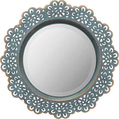 Decorative 12.5" round Turquoise Metal Lace Wall Mirror with Attached Hanger, Country Rustic Decor for the Living Room, Bedroom, Bathroom, Hallway, and Entryway