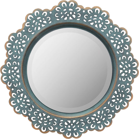 Decorative 12.5" round Turquoise Metal Lace Wall Mirror with Attached Hanger, Country Rustic Decor for the Living Room, Bedroom, Bathroom, Hallway, and Entryway