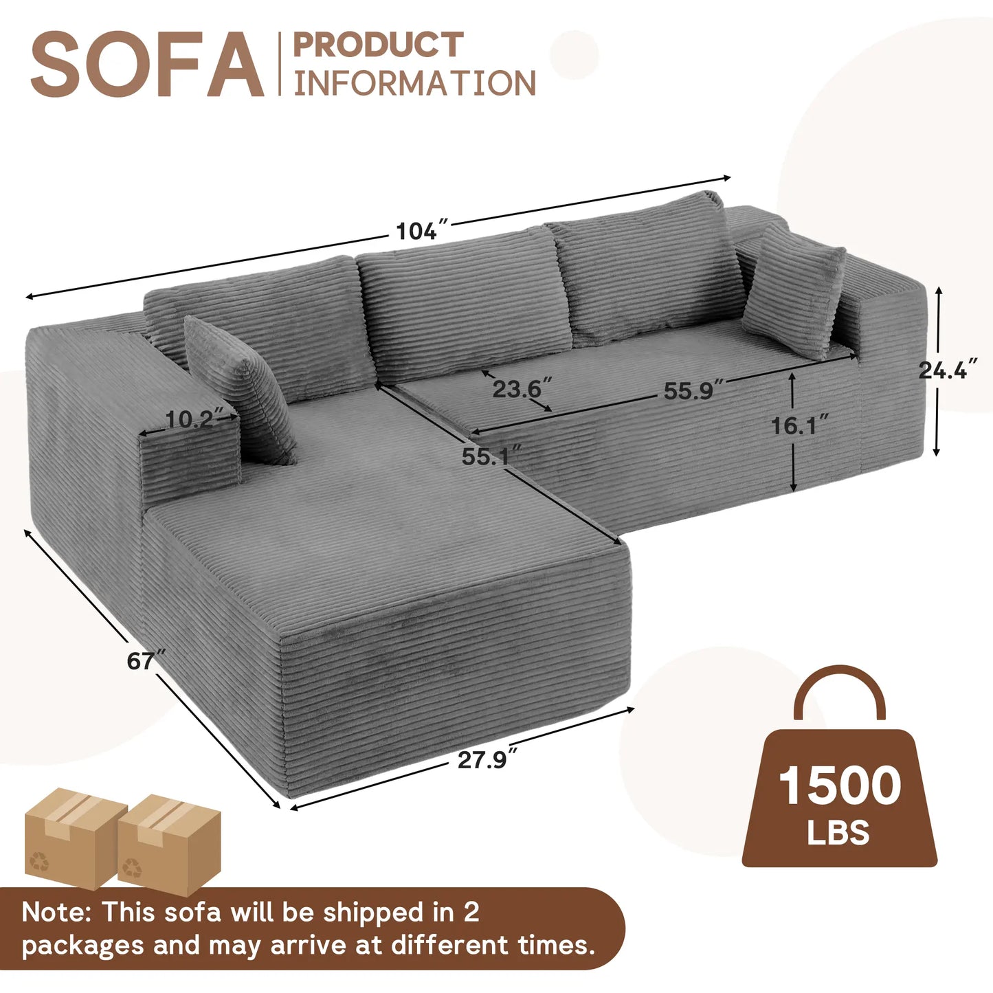 【2 Packages Ship】Corduroy L-Shaped Compression Sectional Sofa with Chaise, Cloud Couch, Boneless Space-Saving Renter-Friendly Couch, Tool-Free Assembly Soft Fabric Indoor Furniture, Apartment Living Room Decor, Boneless Couches