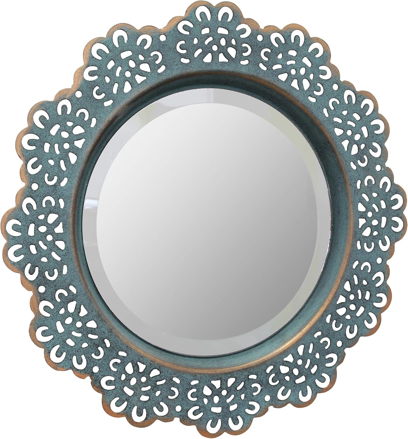 Decorative 12.5" round Turquoise Metal Lace Wall Mirror with Attached Hanger, Country Rustic Decor for the Living Room, Bedroom, Bathroom, Hallway, and Entryway