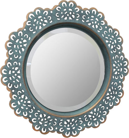 Decorative 12.5" round Turquoise Metal Lace Wall Mirror with Attached Hanger, Country Rustic Decor for the Living Room, Bedroom, Bathroom, Hallway, and Entryway