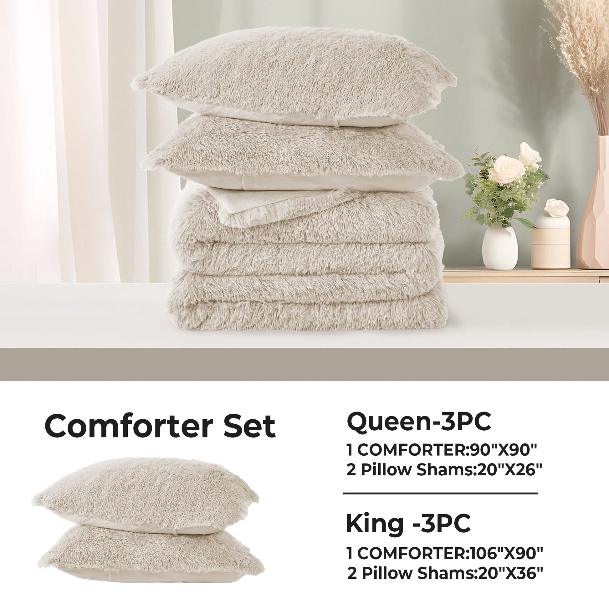 PEACE NEST Faux Fur 3-Piece Comforter Set - Soft, Plush, Hypoallergenic Comfy Bedding for Ultimate All-Season Comfort, Bedding Sets Collection, Comfy Bedding Set