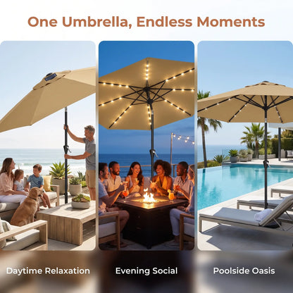 Garvee 10FT Solar LED Patio Umbrella with 32 LED Lights, Outdoor Market Table Umbrella, UPF 50+ UV Protection, Waterproof Vented Canopy, Push Button Tilt & Crank Lift, 8 Ribs