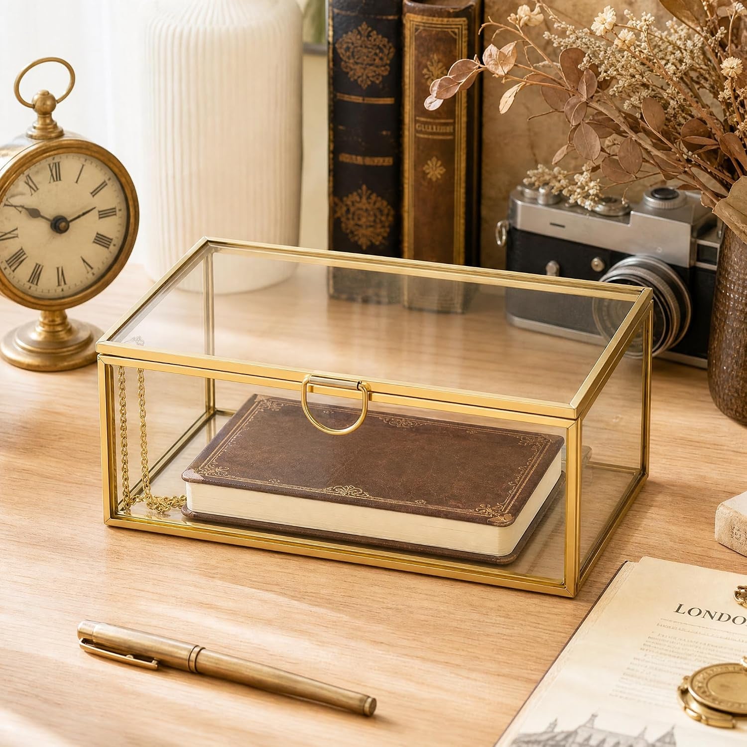Glass Jewelry Box with Lid, Gold Metal Frame Trinket Box, Clear Display Case for Rings Earrings Necklace Bracelet, Small Jewelry Organizer for Vanity Bathroom Dresser Countertop Storage Box