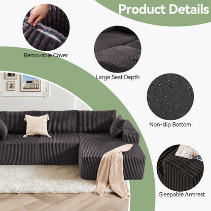 Indoor Chaise Lounge Chair with Armrest, Modern Upholstered Boneless Sofa with Soft Pillows and Deep Seat, for Bedroom,Gray with Left Armrest