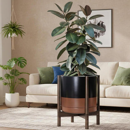 Ceramic Pot with Walnut Wood Stand, Black/Tan, 14 In, 55-B-T-7