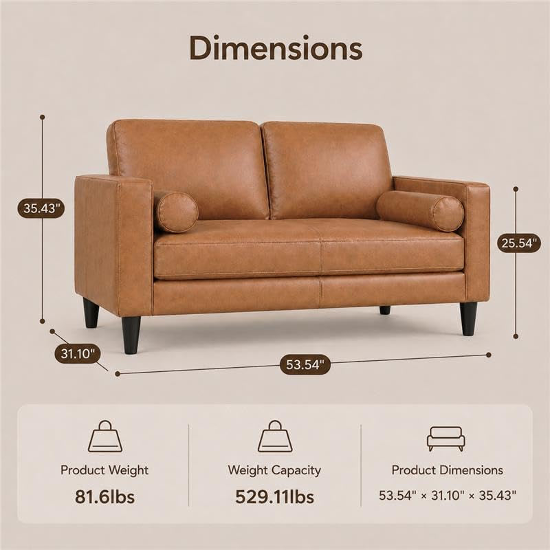 Marisa Genuine Leather Mid-Century Modern Loveseat, Tan