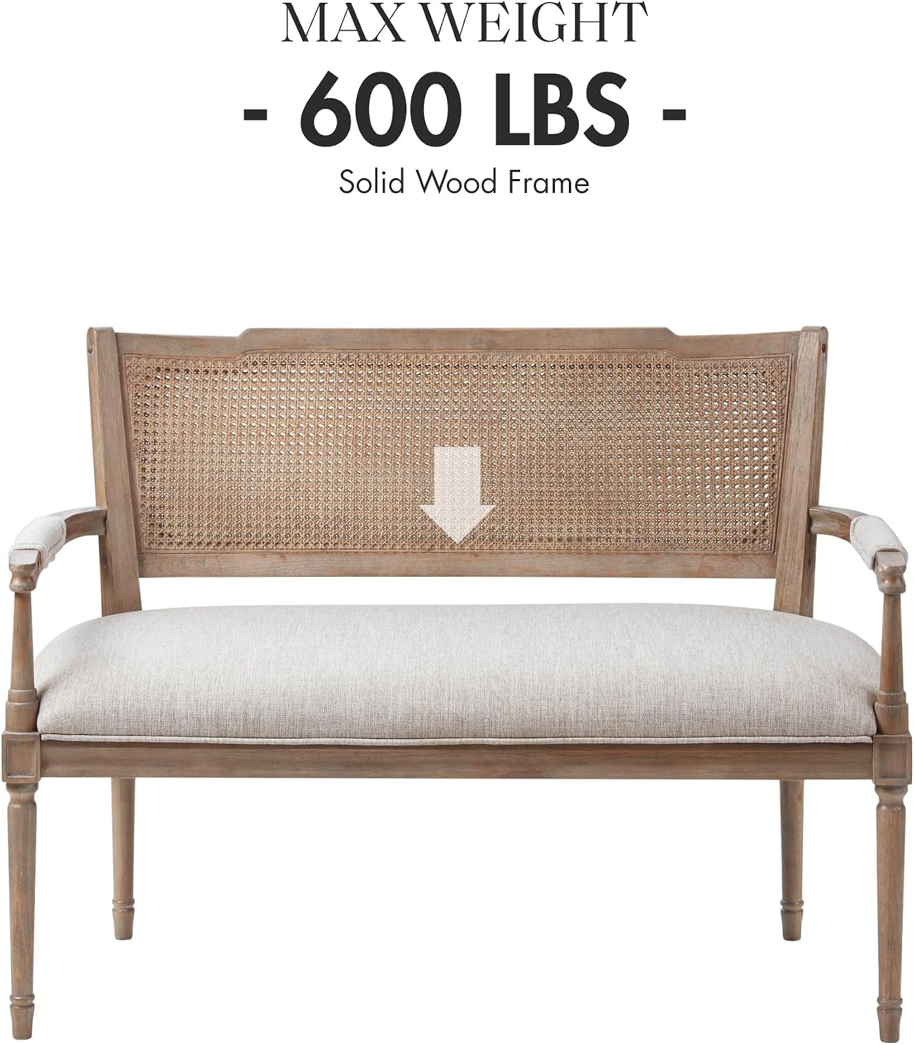 Willshire Natural Rattan Settee, Upholstered Seat - Charming Country Design, Rustic Reclaimed Wood Finish, Ratan Insert Backrest & Padded Arm Rest, 47.25" Wide Beige/Reclaimed Natural