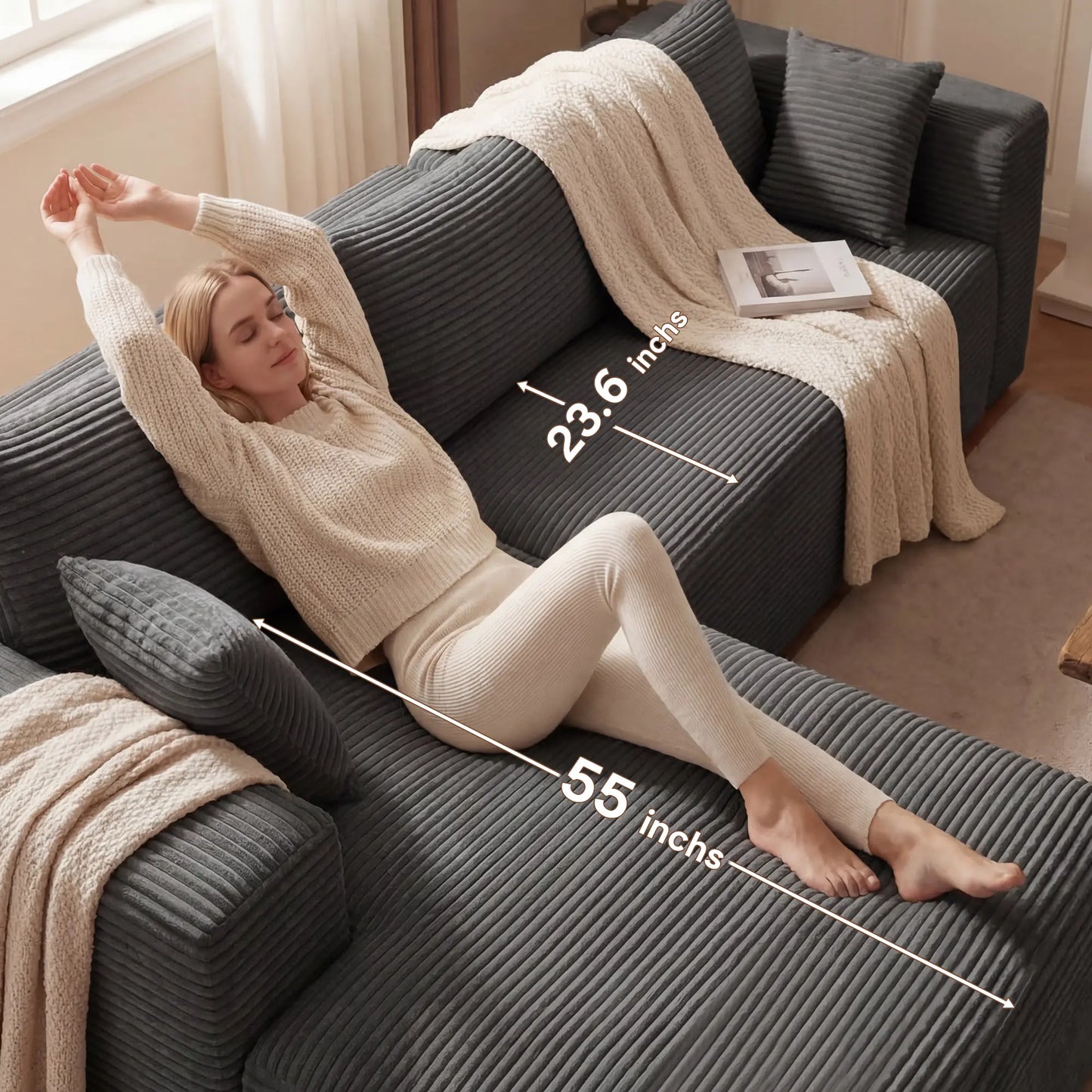 【2 Packages Ship】Corduroy L-Shaped Compression Sectional Sofa with Chaise, Cloud Couch, Boneless Space-Saving Renter-Friendly Couch, Tool-Free Assembly Soft Fabric Indoor Furniture, Apartment Living Room Decor, Boneless Couches