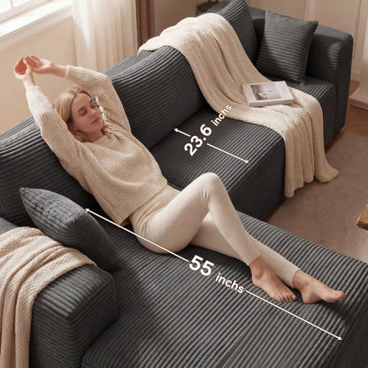 【2 Packages Ship】Corduroy L-Shaped Compression Sectional Sofa with Chaise, Cloud Couch, Boneless Space-Saving Renter-Friendly Couch, Tool-Free Assembly Soft Fabric Indoor Furniture, Apartment Living Room Decor, Boneless Couches