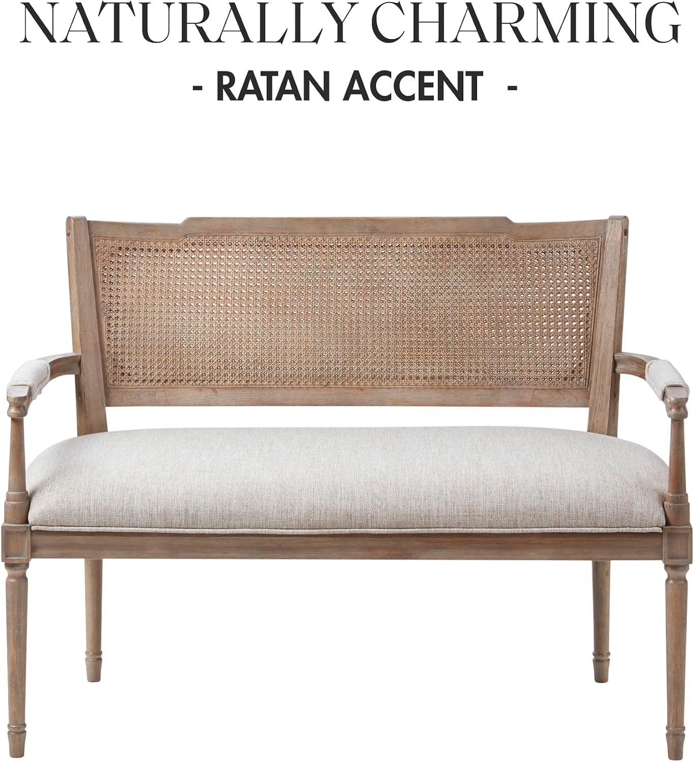 Willshire Natural Rattan Settee, Upholstered Seat - Charming Country Design, Rustic Reclaimed Wood Finish, Ratan Insert Backrest & Padded Arm Rest, 47.25" Wide Beige/Reclaimed Natural