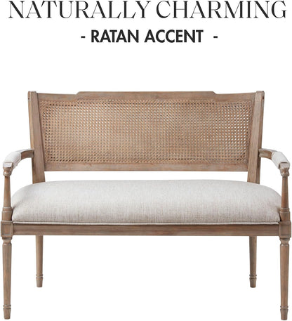 Willshire Natural Rattan Settee, Upholstered Seat - Charming Country Design, Rustic Reclaimed Wood Finish, Ratan Insert Backrest & Padded Arm Rest, 47.25" Wide Beige/Reclaimed Natural