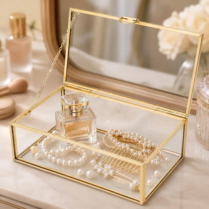 Glass Jewelry Box with Lid, Gold Metal Frame Trinket Box, Clear Display Case for Rings Earrings Necklace Bracelet, Small Jewelry Organizer for Vanity Bathroom Dresser Countertop Storage Box