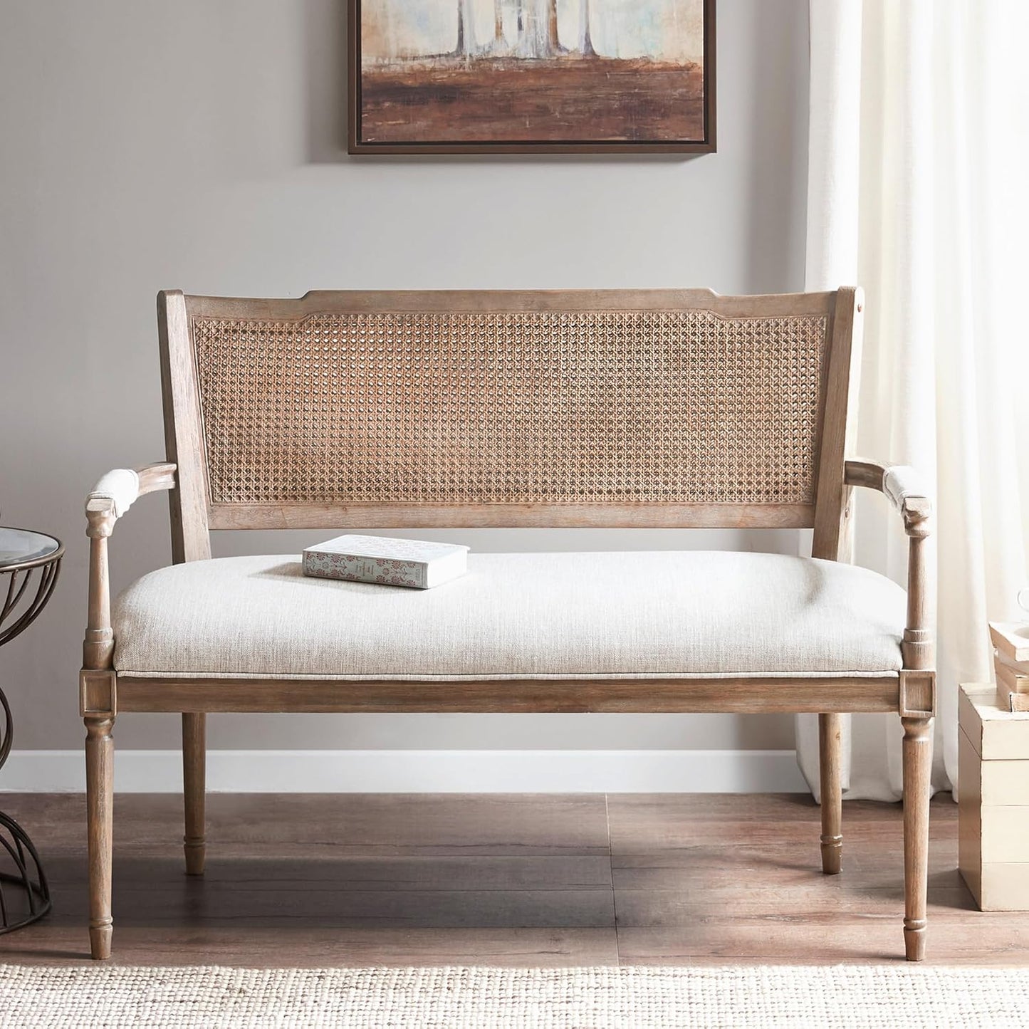 Willshire Natural Rattan Settee, Upholstered Seat - Charming Country Design, Rustic Reclaimed Wood Finish, Ratan Insert Backrest & Padded Arm Rest, 47.25" Wide Beige/Reclaimed Natural