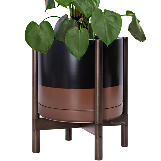 Ceramic Pot with Walnut Wood Stand, Black/Tan, 14 In, 55-B-T-7