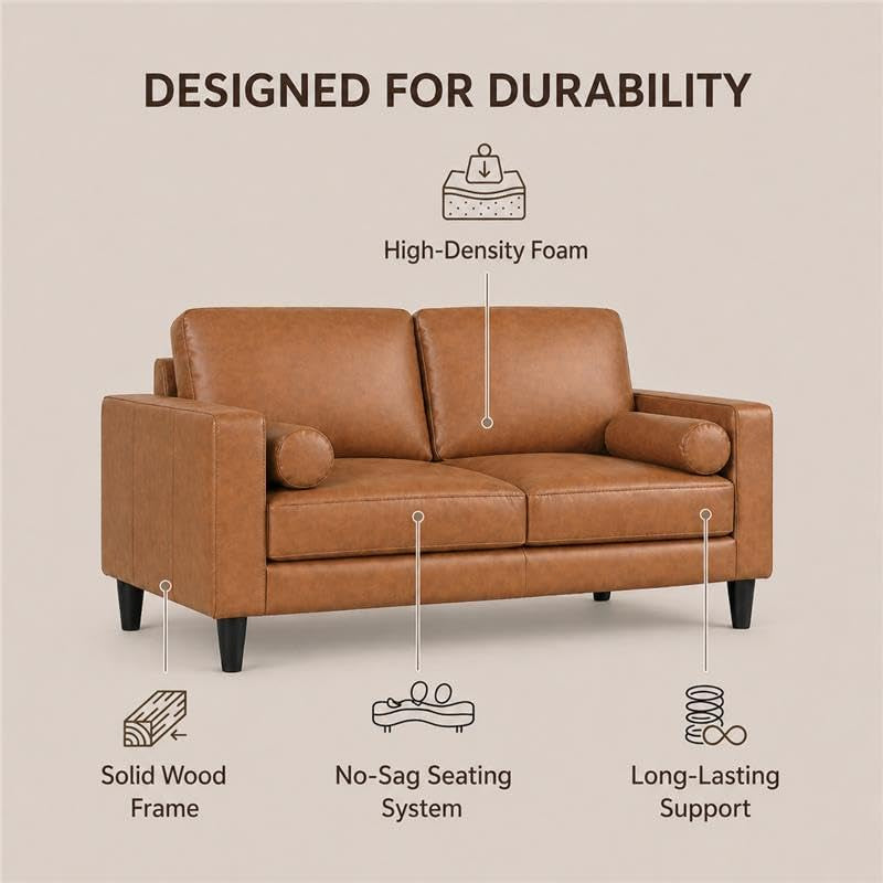 Marisa Genuine Leather Mid-Century Modern Loveseat, Tan