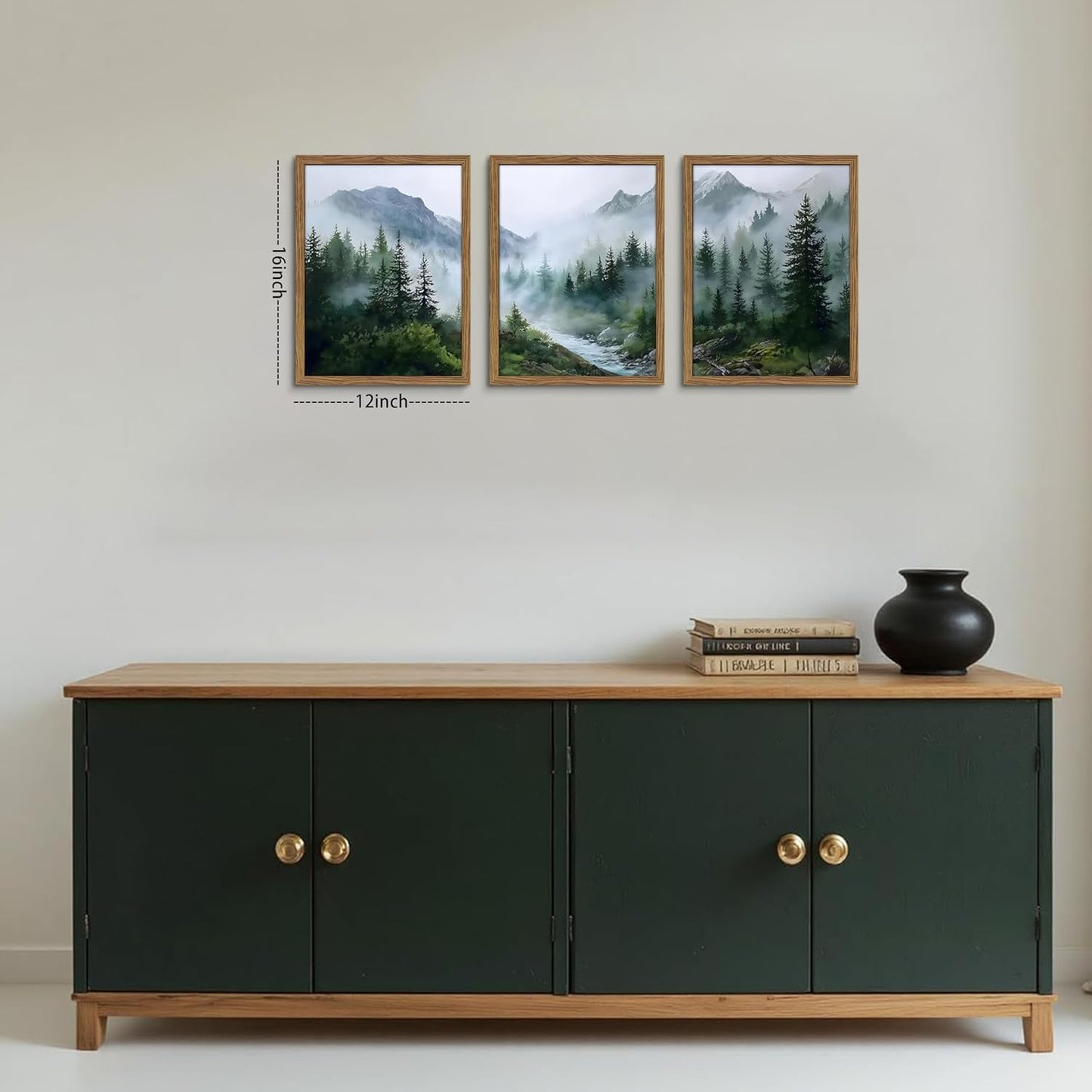 Framed Forest Wall Art Set of 3, Misty Mountain Landscape Canvas Wall Decor Paintings, Nature Tree River Scenery Artwork Prints Pictures for Living Room Bedroom Office 12X16 Inch