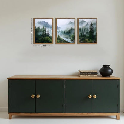 Framed Forest Wall Art Set of 3, Misty Mountain Landscape Canvas Wall Decor Paintings, Nature Tree River Scenery Artwork Prints Pictures for Living Room Bedroom Office 12X16 Inch