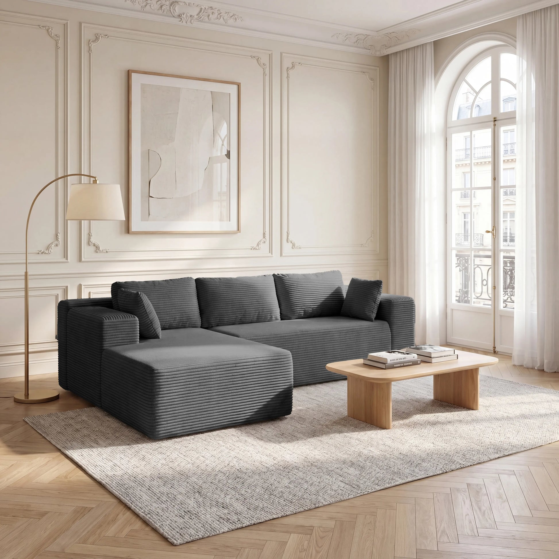 【2 Packages Ship】Corduroy L-Shaped Compression Sectional Sofa with Chaise, Cloud Couch, Boneless Space-Saving Renter-Friendly Couch, Tool-Free Assembly Soft Fabric Indoor Furniture, Apartment Living Room Decor, Boneless Couches