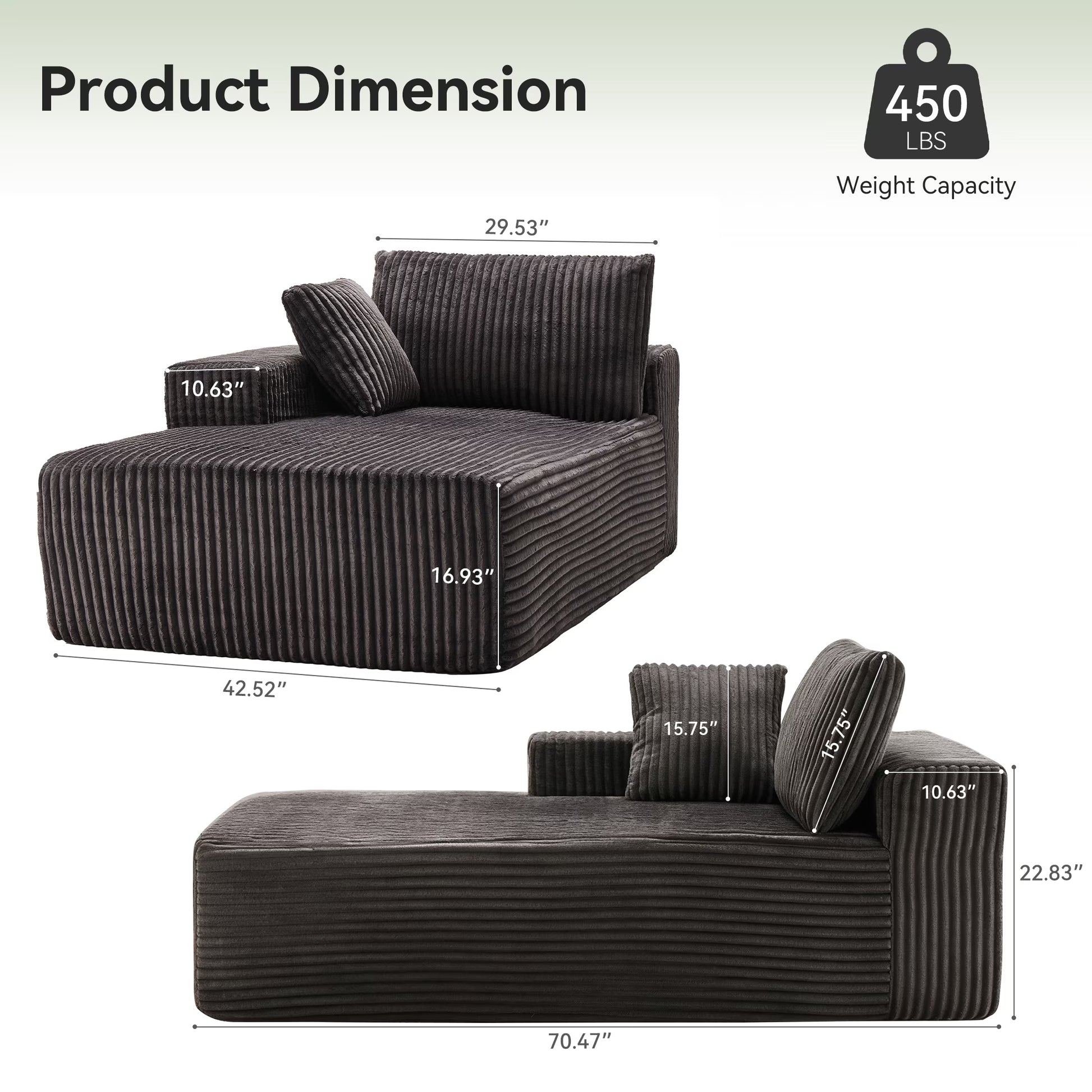 Indoor Chaise Lounge Chair with Armrest, Modern Upholstered Boneless Sofa with Soft Pillows and Deep Seat, for Bedroom,Gray with Left Armrest