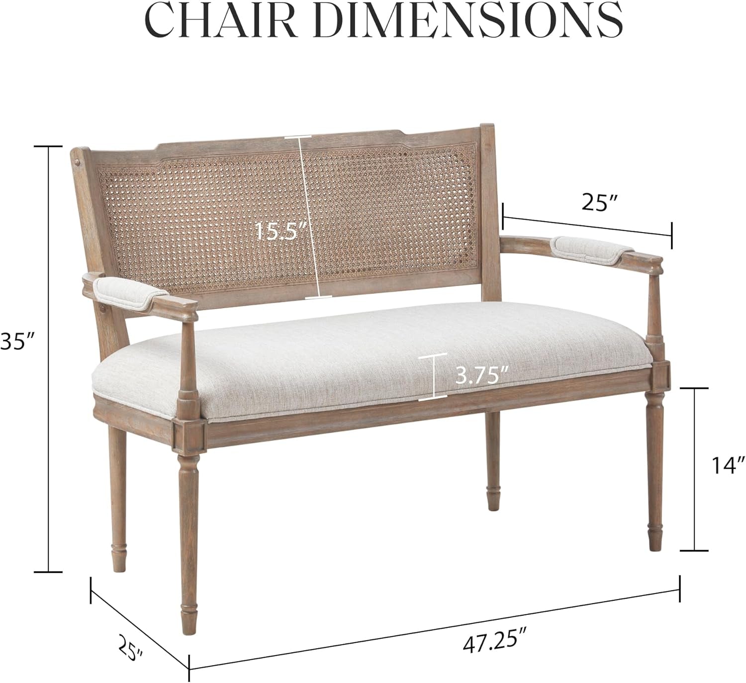 Willshire Natural Rattan Settee, Upholstered Seat - Charming Country Design, Rustic Reclaimed Wood Finish, Ratan Insert Backrest & Padded Arm Rest, 47.25" Wide Beige/Reclaimed Natural