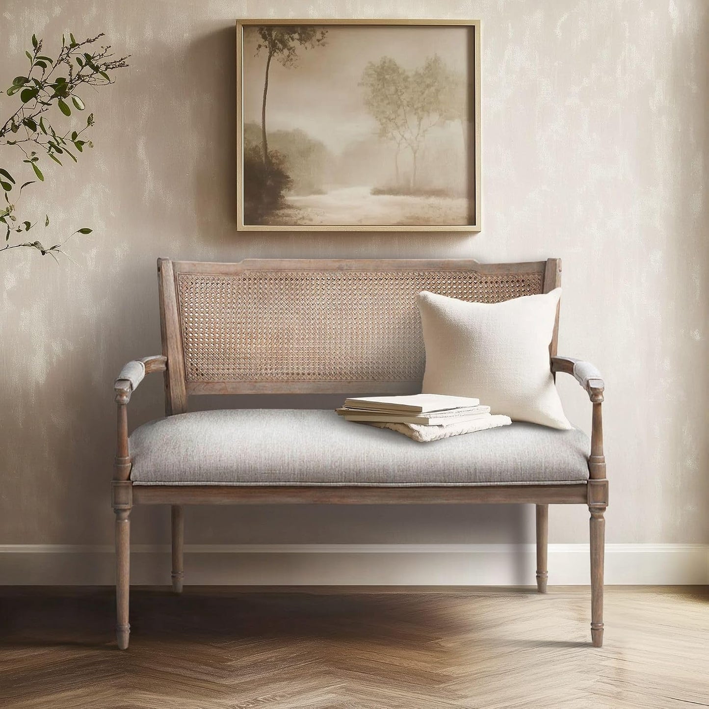 Willshire Natural Rattan Settee, Upholstered Seat - Charming Country Design, Rustic Reclaimed Wood Finish, Ratan Insert Backrest & Padded Arm Rest, 47.25" Wide Beige/Reclaimed Natural